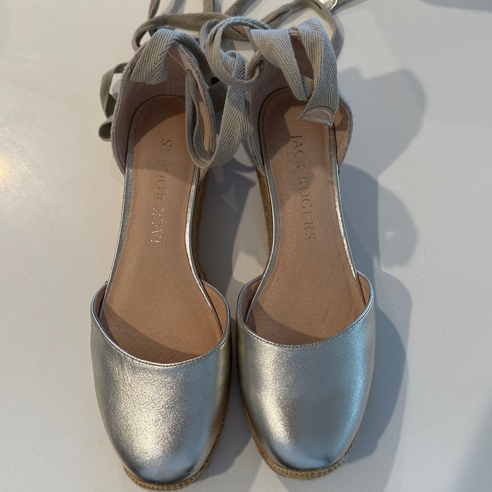 NWT Leather Jack Rogers Palmer Ankle Wrap Espadrille Wedge in Platinum/Champagne - Picture 6 of 10